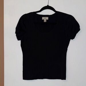 LOFT Black Scoop Neck Short Sleeve Top with Puff Sleeves